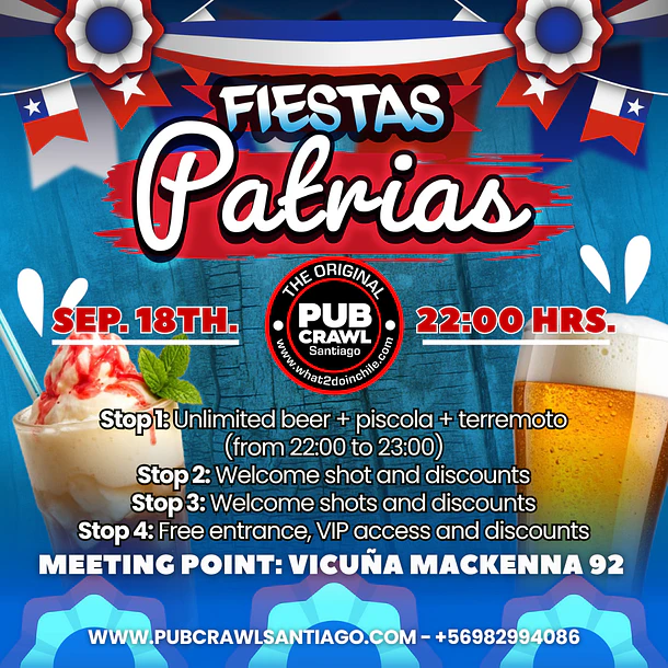 Friday 18th September - FIESTAS PATRIAS PubCrawl Santiago 2026 