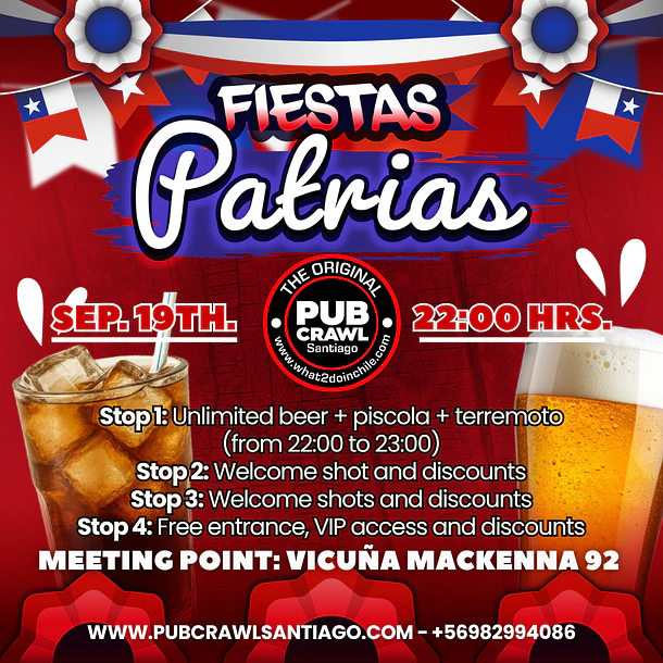 Saturday 19th September - FIESTAS PATRIAS PubCrawl Santiago 2026 