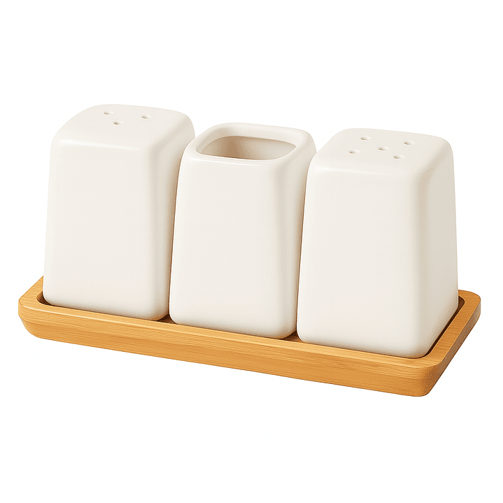 Set Especieros Condimentos Sal Pimienta Cerámica Y Bambú 1
