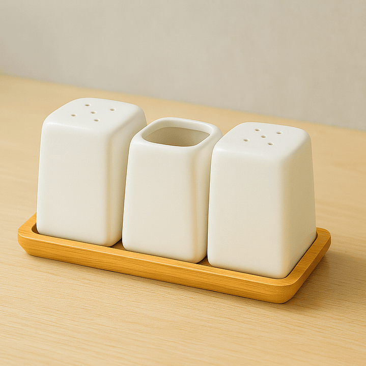 Set Especieros Condimentos Sal Pimienta Cerámica Y Bambú 2