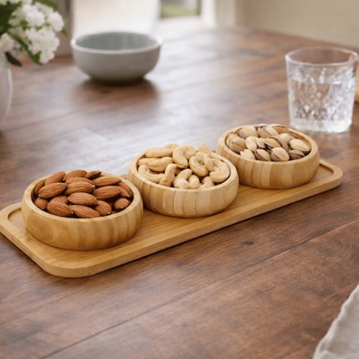 Bandeja 3 cuencos picoteo bambú 4 piezas 2