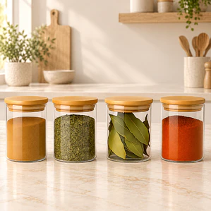 Set De 4 Frascos Condimentos Especias Bambú 250ml 6.5x8.5cm