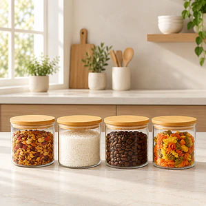 Set 4 Frascos Vidrio Y Bambu 300ml Especias 8.5x8cm