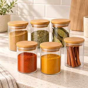 Set De 6 Frascos Condimentos Especias Bambú 300ml 6.5x10cm