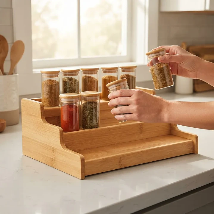Repisa escalonada alzador bambú para cocina 1