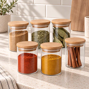 Set De 6 Frascos Condimentos Especias Bambú 300ml 6.5x10cm