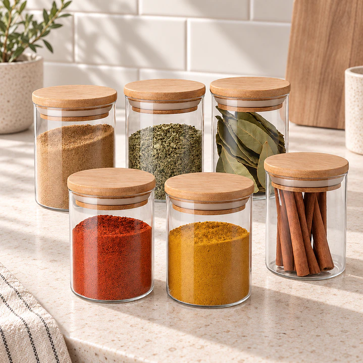 Set De 6 Frascos Condimentos Especias Bambú 300ml 6.5x10cm 1