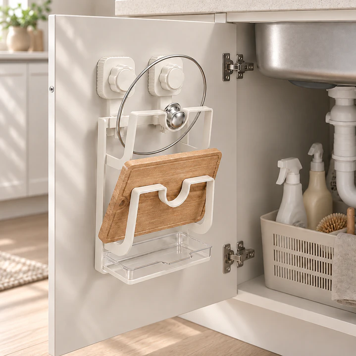 Organizador Soporte Con Ventosa Para Tapas Y Tablas Cocina  1