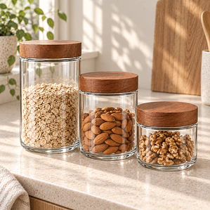 Set de 3 Frascos de Vidrio con Tapa Efecto Madera