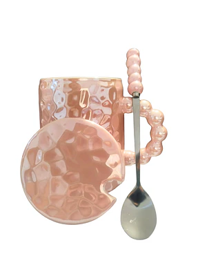 Taza con tapa y cuchara rosada