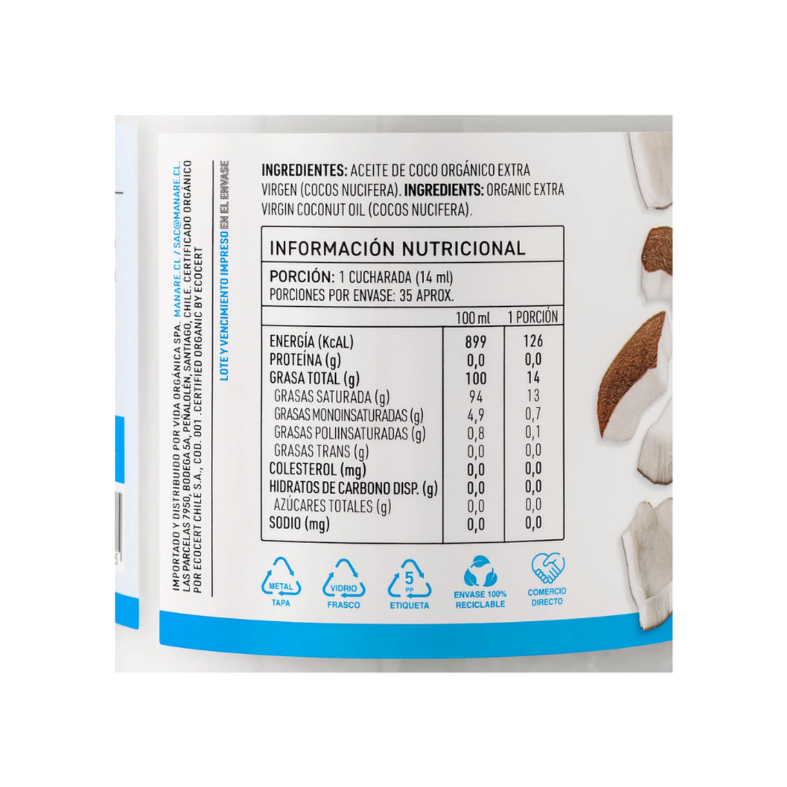 Aceite de Coco Organico con olor 500 ml Manare 2