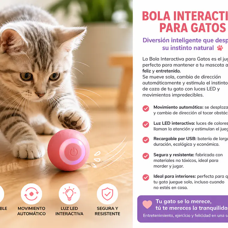 Bola Interactiva Inteligente Recargable para Mascotas (Perros y Gatos) 4