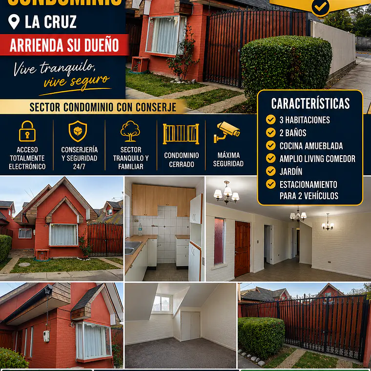 ARRIENDO BELLA Y GRANDE CASA EN CONDOMINIO EN LA CRUZ 1