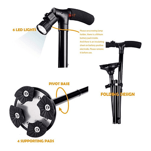 Bastón Plegable Con Luz Led Y 4 Puntos De Apoyo - Ps