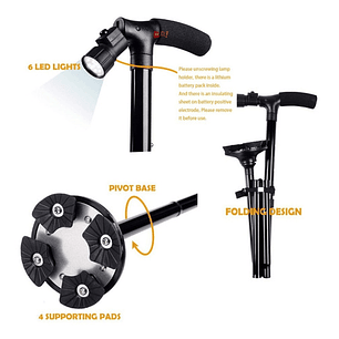 Bastón Plegable Con Luz Led Y 4 Puntos De Apoyo - Ps
