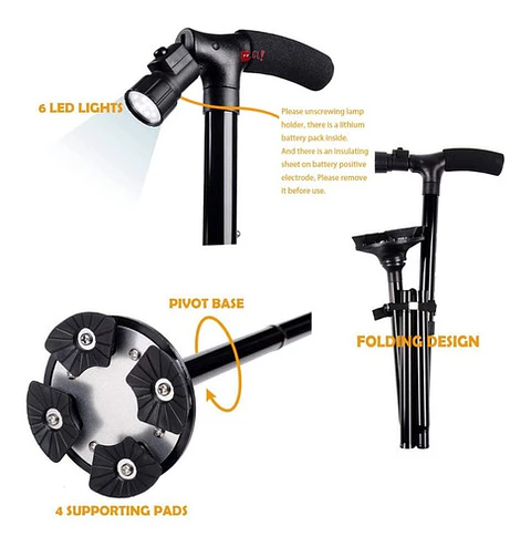 Bastón Plegable Con Luz Led Y 4 Puntos De Apoyo - Ps