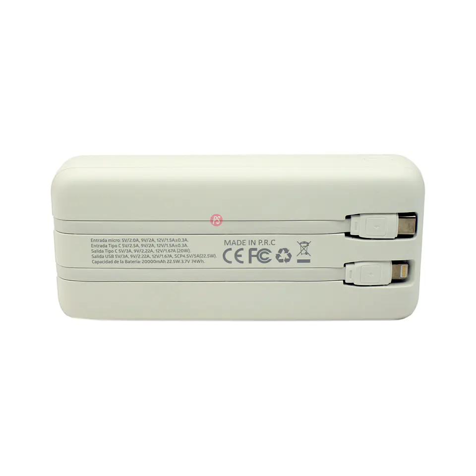 Power Bank 20000mAh 22.5W LED Display + Cables Blanco - PS 3
