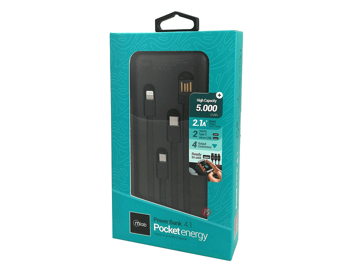Powerbank 5000mAh Pocket Energy con 4 Cables y Linterna - PS 5