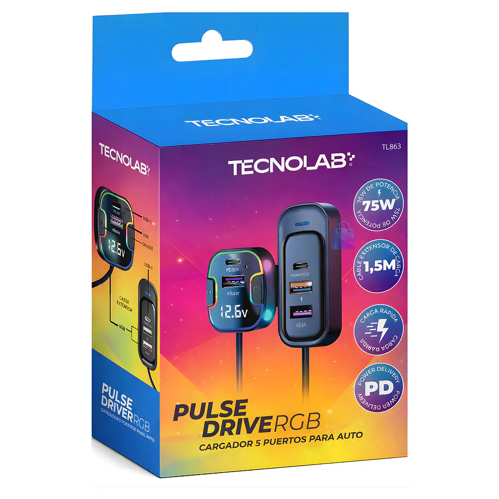 Cargador Auto 75W Multipuerto PD QC + Cable - PS 4