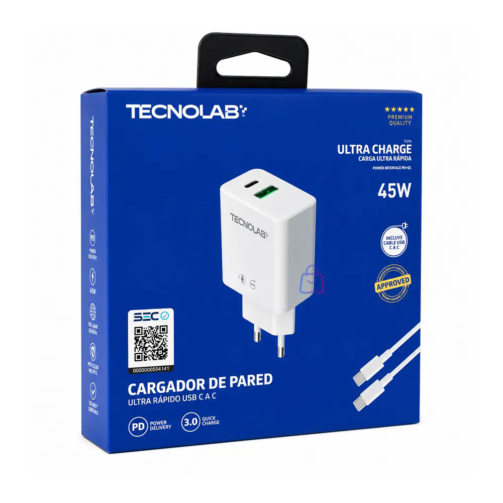 Cargador Rápido PD 45W QC 3.0 USB-C con Cable - PS 4