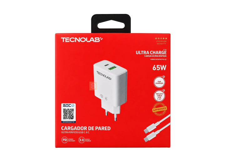 Cargador GaN 65W PD QC3.0 USB-C Cable SEC Blanco - PS 4