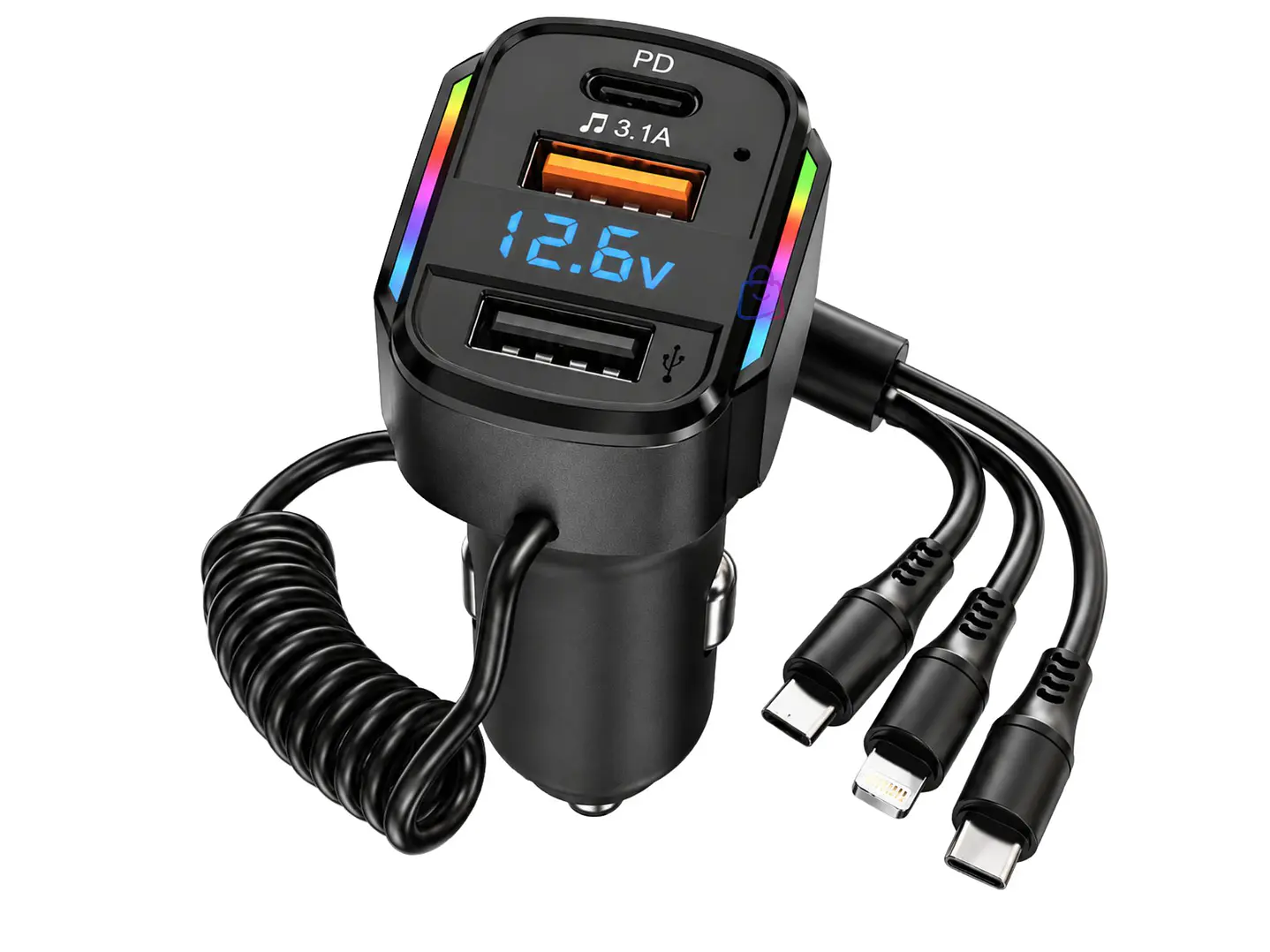 Cargador Auto RGB USB PD 36/65W Cable 3 en 1 - PS 3