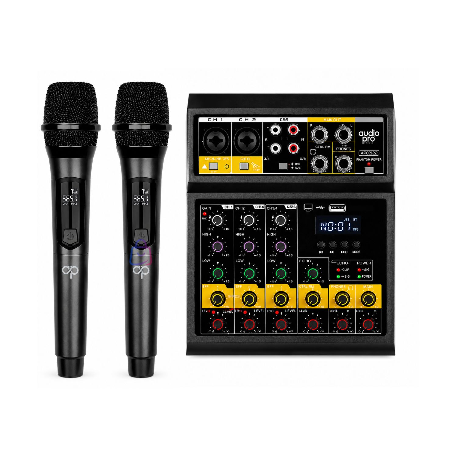 Power Mixer 4 canales 0DB incluye 2 micrófonos inalámbricos