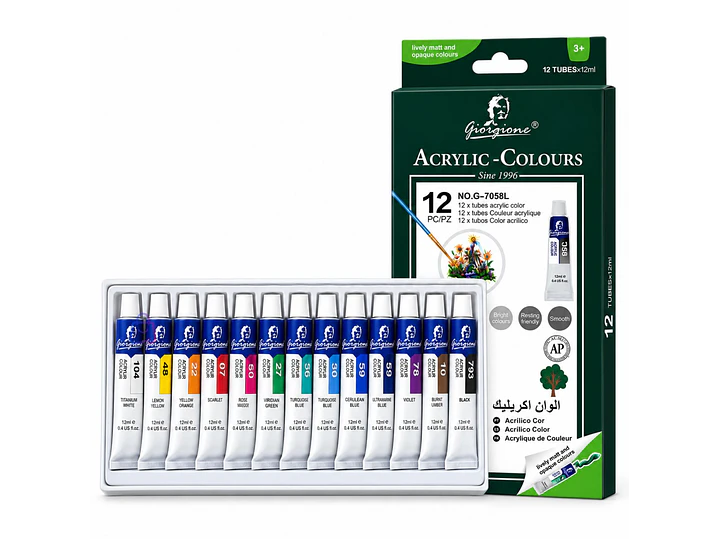 Set Pintura Acrílica 12 Colores 12ml Escolar No Tóxica - PS 1