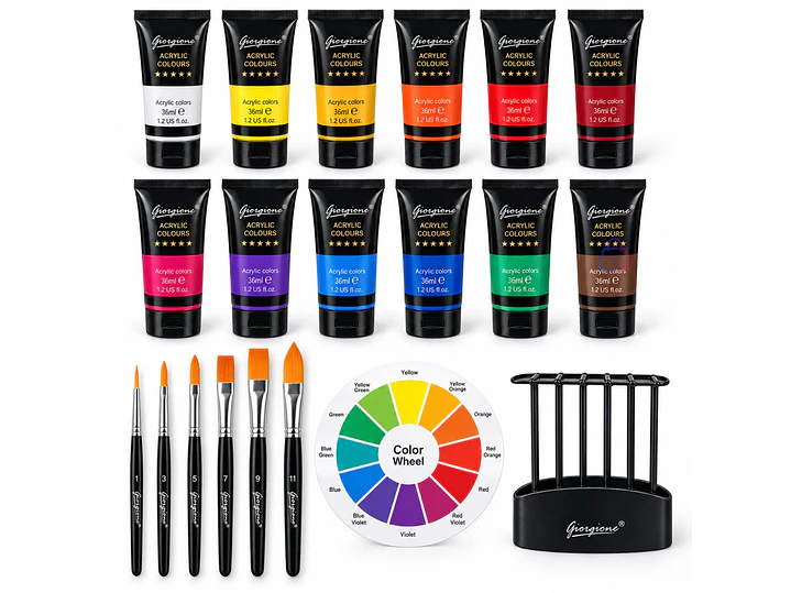 Set Pintura Acrílica 12 Colores 36ml 6 Pinceles Arte - PS 2