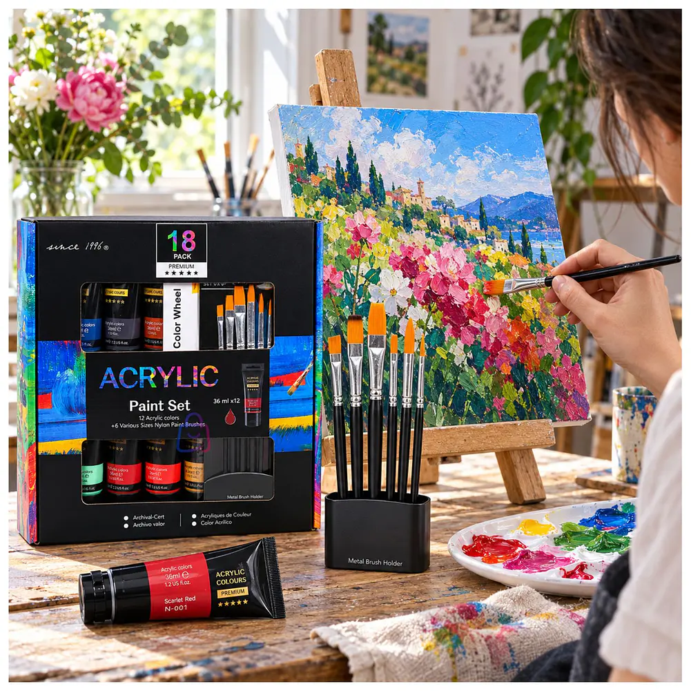 Set Pintura Acrílica 12 Colores 36ml 6 Pinceles Arte - PS 3