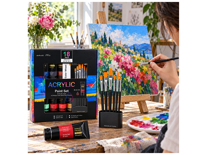 Set Pintura Acrílica 12 Colores 36ml 6 Pinceles Arte - PS 3