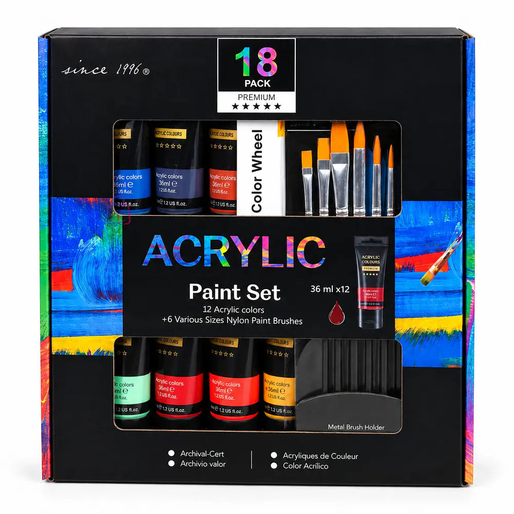 Set Pintura Acrílica 12 Colores 36ml 6 Pinceles Arte - PS 4