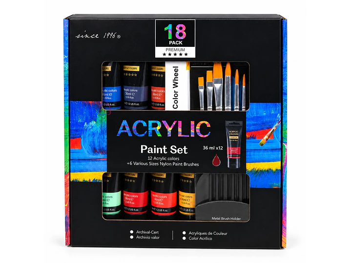 Set Pintura Acrílica 12 Colores 36ml 6 Pinceles Arte - PS 4