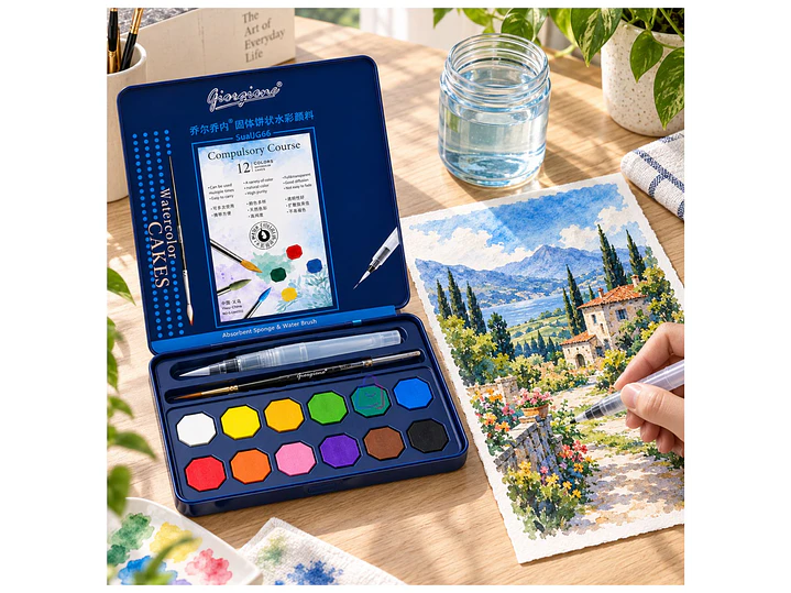 Set Acuarelas 12 Colores Pastilla Estuche Con Pinceles - PS 3