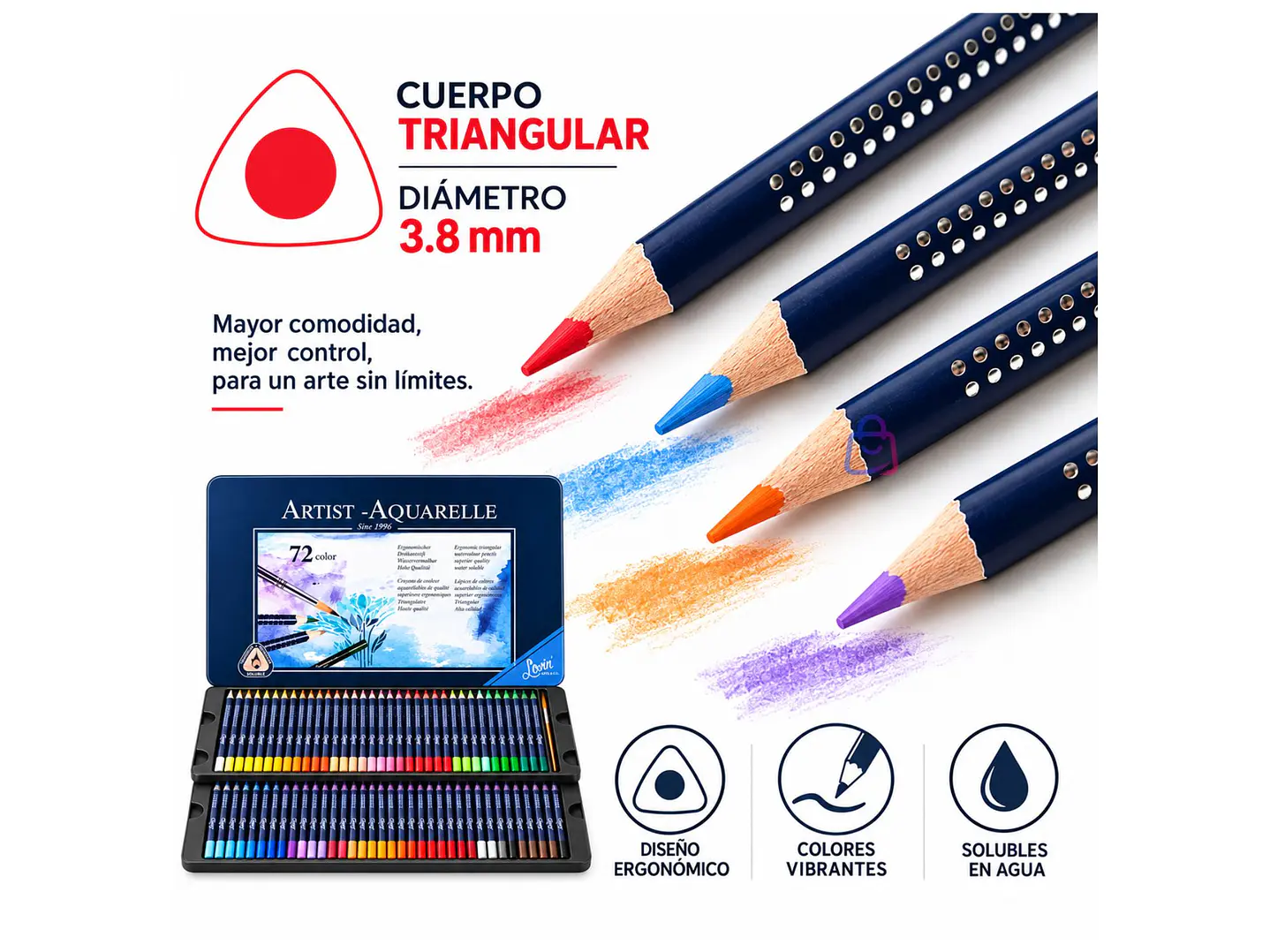 Lápices Acuarelables 72 Colores + Pincel Caja Metálica - PS 2