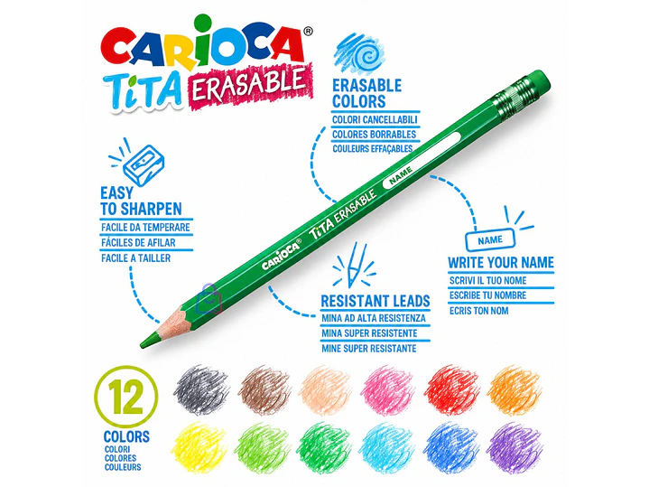 Lápices Borrables Carioca Tita 12 Colores Con Goma - PS 2