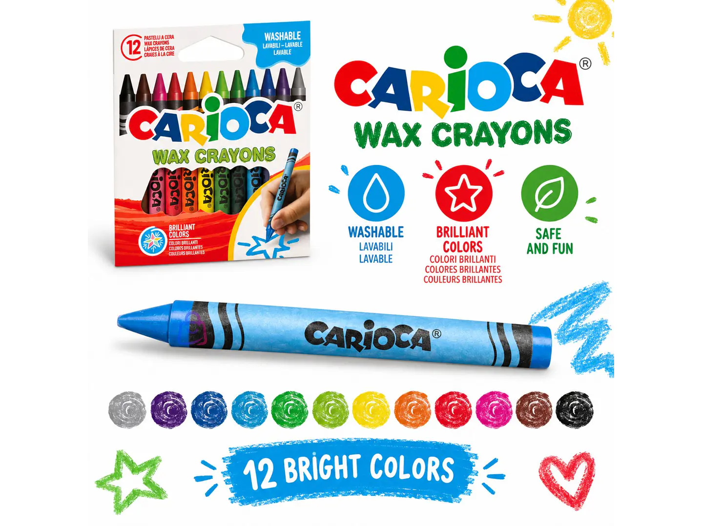 Crayones de Cera Carioca 12 Colores Lavables Escolares - PS 2