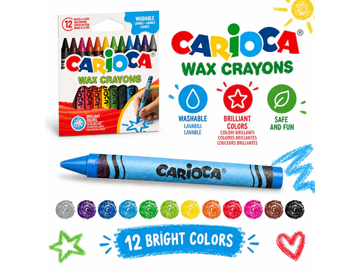 Crayones de Cera Carioca 12 Colores Lavables Escolares - PS 2