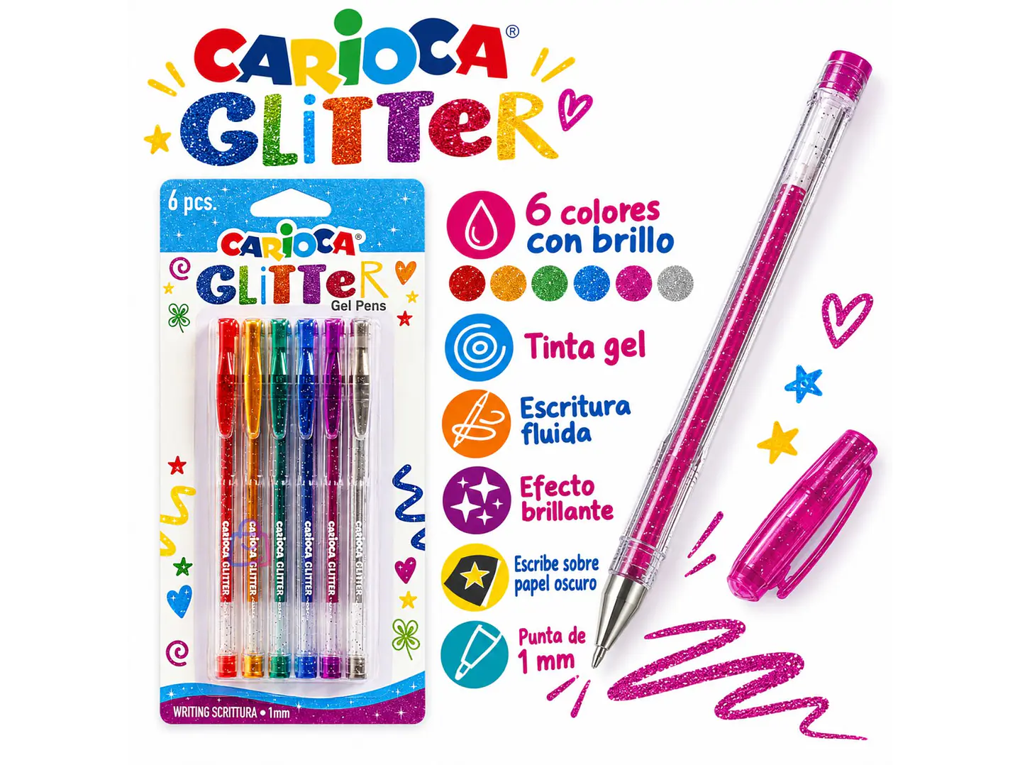 Bolígrafos Gel Glitter Carioca 6 Colores Punta 1 Mm - PS 2