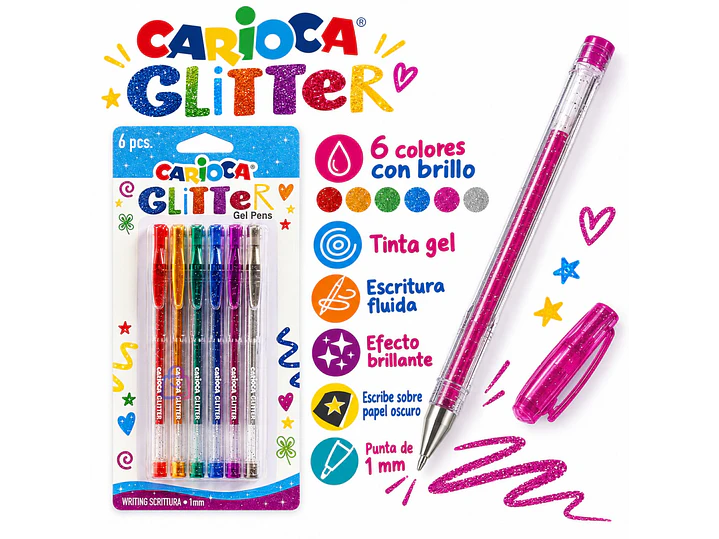 Bolígrafos Gel Glitter Carioca 6 Colores Punta 1 Mm - PS 2