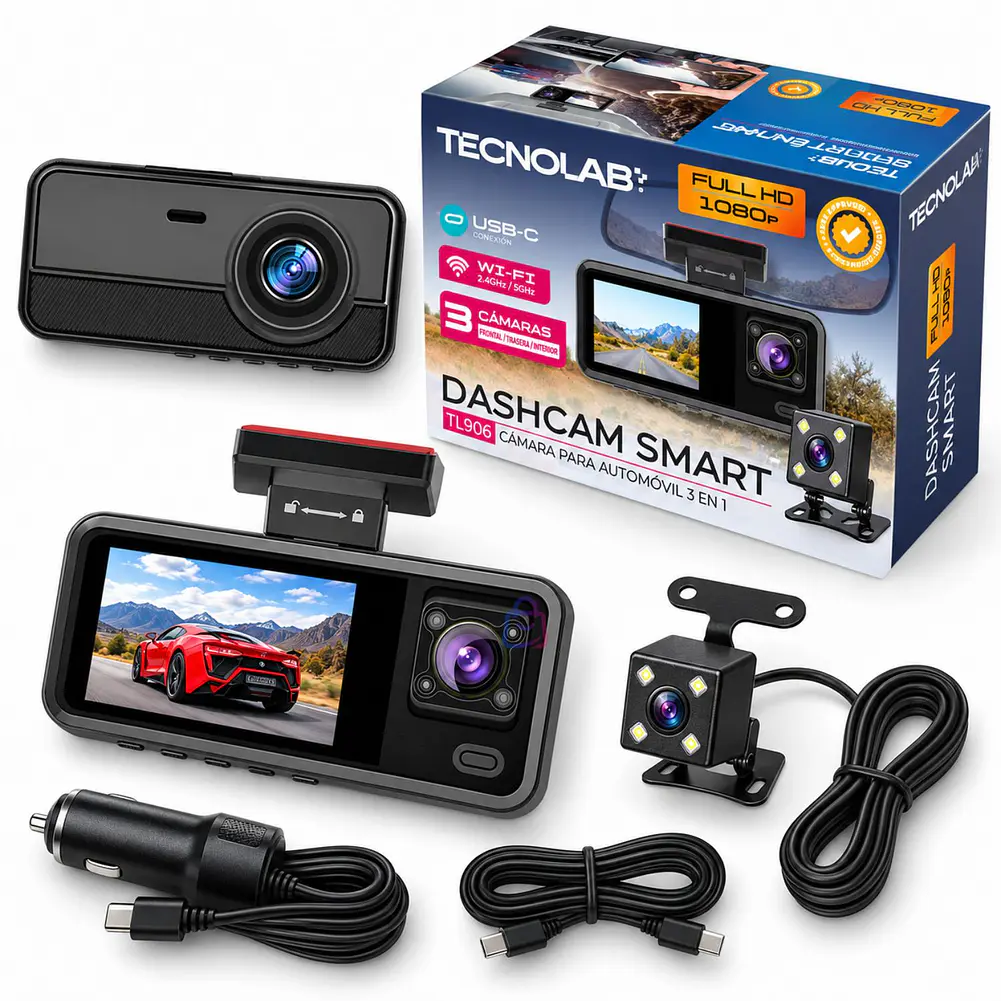 Cámara Auto Dashcam 3 Lentes Full HD 1080p Wifi IPS - PS 3