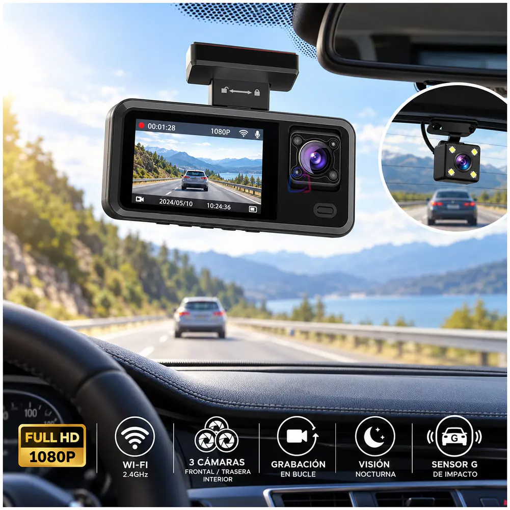 Cámara Auto Dashcam 3 Lentes Full HD 1080p Wifi IPS - PS 2
