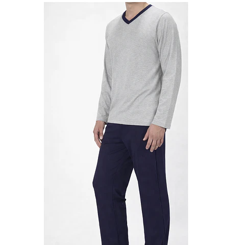 Pijama Hombre Karmy Cuello V Manga Larga Gris con Azul
