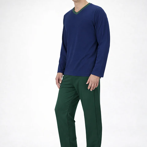 Pijama Hombre Karmy Cuello V Manga Larga Azul con Verde Botella