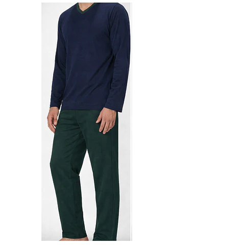 Pijama Hombre Karmy Cuello V Manga Larga Azul con Verde Botella