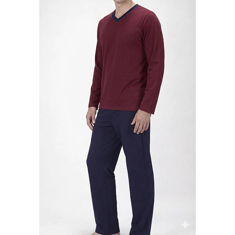 Pijama Hombre Karmy Cuello V Manga Larga Burdeo con Azul 