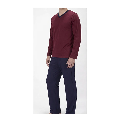 Pijama Hombre Karmy Cuello V Manga Larga Burdeo con Azul 
