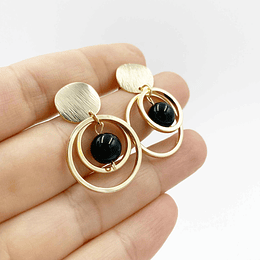 Aros argollas doradas y piedras Obsidiana