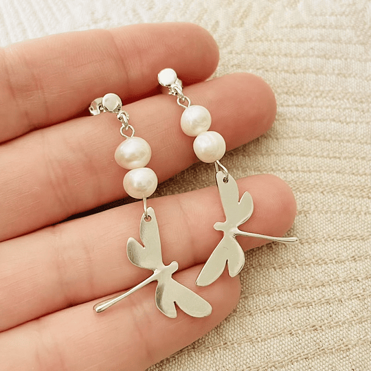 Aros Libélulas de plata y perlas
