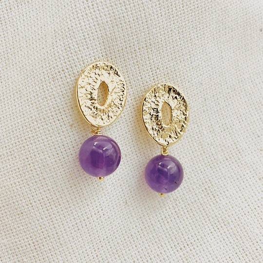Aros óvalo dorados con piedra Amatista